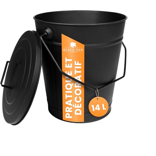 BLACK OAK Seau à cendres ETNA - 14 l - Noir - Avec couvercle - Grand 14 l - En acier galvanisé ignifuge et revêtu par pulvérisation - Seau à cendres et charbon - Accessoire idéal pour cheminée, poêle