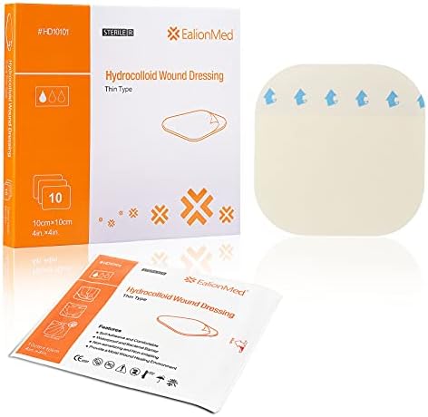 Hydrocolloid Bandage, Hydrocolloid Wound Dressing Thin Type 4'' x 4'' for Light Exudate Wound, Pressure Ulcer, Bed Sore, Surgical Wound,Superficial Wound, 10 Pack by EalionMed