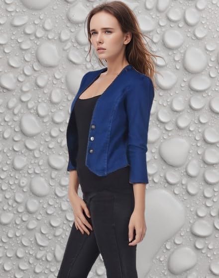 Image of Women's Blue Cropped Blazer, 3 /4 Sleeve, Button Front, Formal Jacket