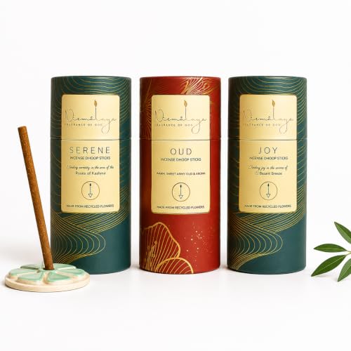 Image of Nirmalaya Premium Serene, Oud, Joy Bambooless Dhoop Sticks (120 Sticks) with Ceramic Stand Sacred Temple Flower | 100% Charcoal-Free | for Pooja, Meditation, Yoga & Home Fragrance