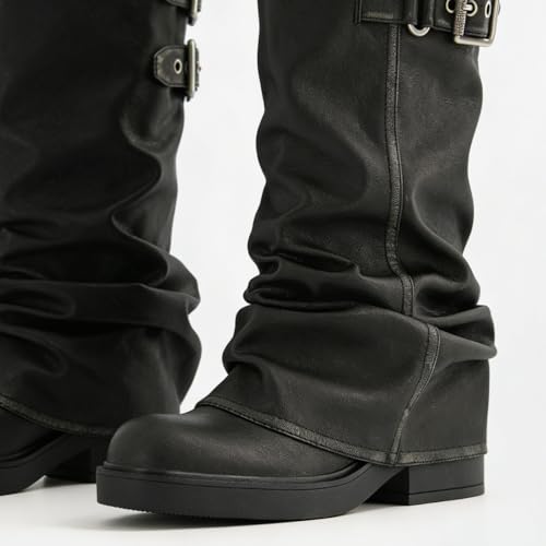 Image of ClassicSter Fold Over Knee High Boots Slouch Boots for Women Chunky Goth Platform Boots,2 inch Heel Wide Calf Long Boots Square Toe Riding Boots