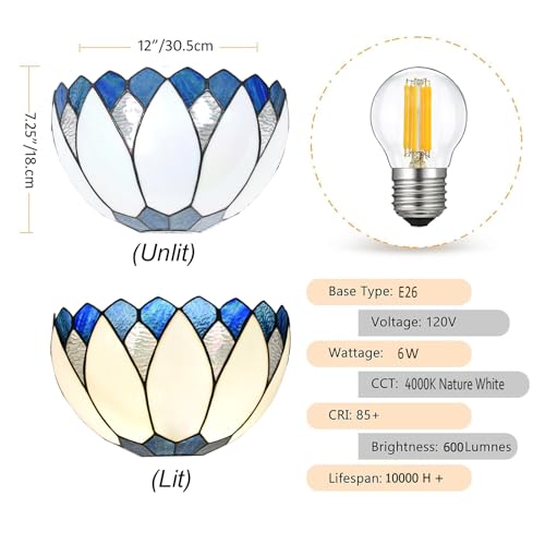 Image of WL0006 Blue White Lotus Tiffany Style Wall Sconce Stained Glass Wall Light Fixtures for Hallway Stairway Bedroom Livingroom, 12 Inches Wide(Blue White)