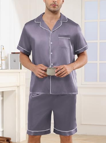 Image of Veseacky Mens Silk Satin Pajamas Set Short Sleeve Sleepwear Button-Down Pjs Sets Two-Pieces Loungewear with Pockets S-XXL