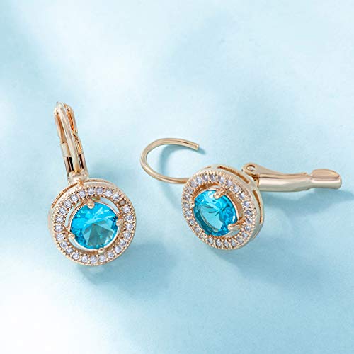 Austrian Crystal Halo Round Leverback Drop Earrings For Women 14K Rose Gold Plated Hypoallergenic Jewelry (Light Blue) #TOP4