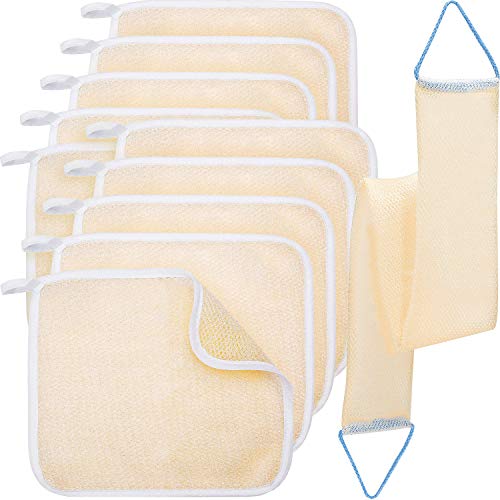 10 Pieces Exfoliating Body Scrub Bath Towel Face Wash Cloths with 1 Piece Exfoliating Loofah Back Scrubber Shower Sponge Soft Weave Massage Nylon Bath Cloth for Women and Man