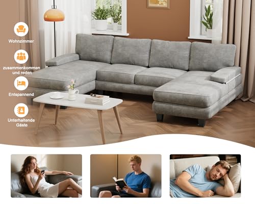JUMMICO Ecksofa mit Schlaffunktion, Wohnlandschaft Eckcouch Sofa mit Abnehmbarer Sofabezug, U-Form Couch für Wohnzimmer & Schlafzimmer (BxTxH) 292x111x92cm, Grau – Bild 7