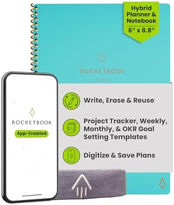 Rocketbook Fusion Smart Reusable Notebook - Calendar, To-Do Lists, and Note Template Pages with 1 Pilot Frixion Pen & 1 Microfiber Cloth Included - Neptune Teal Cover, Executive Size (6" x 8.8")