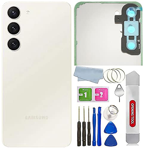 Galaxy S23+ Plus Back Glass Cover Replacement Waterproof Housing Door with Camera Glass Lens and Tape Parts for Samsung Galaxy S23+ Plus Cell Phone +Tools (Cream)
