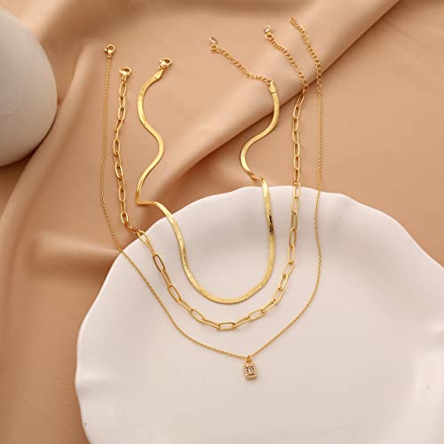 Gmsol 14K Gold Plated Snake Chain Necklace Herringbone Necklace Gold Cz Pendant Choker Necklaces For Women Girl Gifts Jewelry 1.5/3/4Mm(W) 14"/16"(L) #TOP4