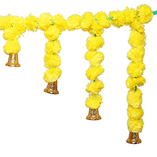 Artificial Marigold Fluffy Flowers Garlands Door Toran Set / Decorative Door Hanging Bandanwar Yellow With Bell Festival For New Year Decorations & Home Decor Items(Size:- 40" Long) #TOP2