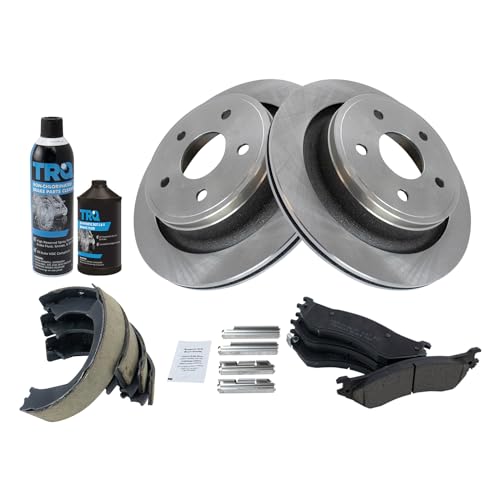 Image of TRQ Rear Brake Pad & Rotor Kit, with Chemical Kit Parking Brake Shoe Set Ceramic Compatible with 2004-2006 Dodge Ram 1500