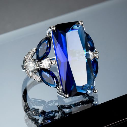 Silver Plated Sparkling Emerald Marquise Cut Created Blue Sapphire CZ Cubic Zirconia Filled Halo Wedding Engagement Flower Band Elegant Women's Ring for Mom Bridal Lover3