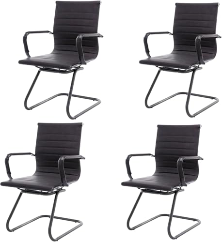 Image of HNY Leather Office Guest Chairs & Reception Chairs Set of 4, Modern Waiting Room Chairs with Arms, Desk Chair no Wheels with Sled Base for Waiting Room /Conference Room, Retro Black