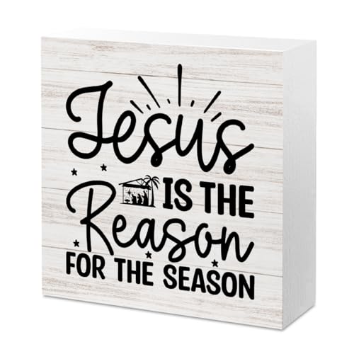 Christmas Decor Christmas Wooden Sign Christian Desk Decor Christmas Decorations Home Office Desk Table Cubicle Shelf Decor Jesus Is The Reason for The Season Sign 5 x 5 inch