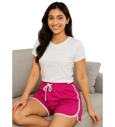 Image of Hangout Hub Women's Cotton Shorts | Boxer Half Pant with Sporty Stripe | Elastic Waist | Hypoallergenic Breathable Fabric | Sweat Absorbent Material | Gym Exercise Yoga Lounge Run Wear (Multi Color)