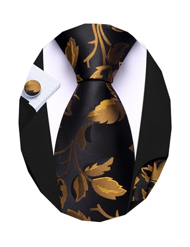 Image of Barry.Wang Flower Ties for Men Silk Woven Floral Tie Sets Necktie Handkerchief Cufflinks Wedding Party