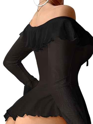 Image of Foxiny Sheer Ruffle Long Sleeve Babydoll Lingerie Dress | Off-shoulder neckline, flared cuffs and a flounce hem add movement; thong and thigh-high stockings complete the 3-piece set