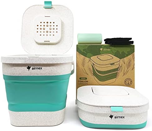 AIRNEX Collapsible Countertop Compost Bin with Lid - 1 Gallon Food Waste Bin for Kitchen Made of Wheat Straw - Odor Free Indoor Compost Bin for Kitchen with Compostable Trash Bags and Carbon Filters