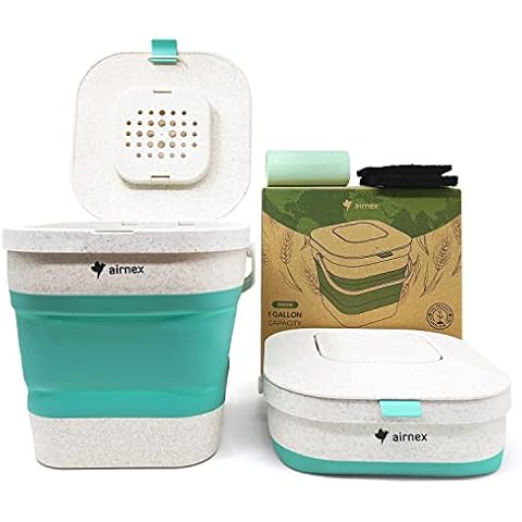 AIRNEX Collapsible Food Waste Bin with Lid - 1 Gallon Food Waste Caddy for Kitchen Made of Wheat Straw - Odor Free Compost Bin with Compostable Trash Bags and Carbon Filters Cover