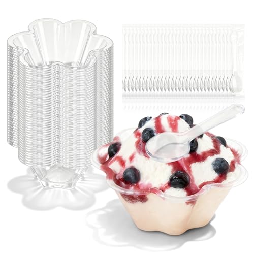 GOMETY 100 bicchieri da dessert in plastica, 250 ml, trasparenti con 100 cucchiai, mini tazze da dessert, riutilizzabili, motivo floreale, per dessert, budino, mousse