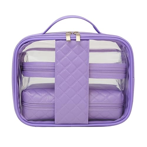 Necessaire Feminina Transparente Organizador Estojo de Maquiagem Viagem Blogueira Lilás KIT 3