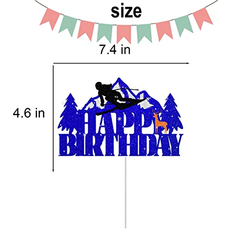 Skiing Silhouette Cake Topper for Men Women Skiers Snowboard Cake Decor Winter Sport Play Ski Snow Party Supplies Blue Glitter Ski Happy Birthday Cake Decorations