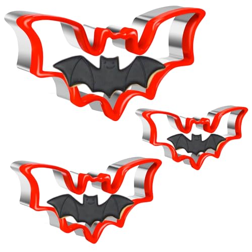 3 Pieces Halloween Cookie Cutters, Bat Biscuit Cutter Set, Stainless Steel Cookie Cutter with Soft Silicone for DIY Baking, Halloween Food Party Decoration