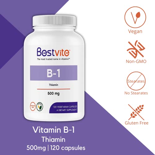 Vitamin B-1 (Thiamin) 500Mg (120 Vegetarian Capsules) - No Stearates - Vegan - No Calcium Carbonate - Non Gmo - Gluten Free - No Silicon Dioxide #TOP2