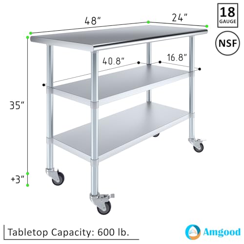 Image of AmGood Stainless Steel Work Table with 2 Shelves and Casters | Metal Utility Table On Wheels (Stainless Steel Work Table with 2 Shelves + Casters, 48 inch Long x 24 inch Deep)
