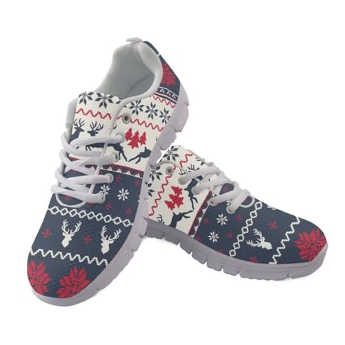 Women Walking Shoes Navy Christmas Deer Non Slip Comfortable White Sole Lace Up Lightweight Sneaker