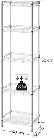 SONGMICS Metal Storage Shelf, Wire Basket Shelving Unit, Kitchen Storage Rack, 4 Hooks, PP Sheets, Adjustable Shelves, Total Load Capacity 100 kg, for Bathroom, Pantry, Small Spaces, Silver LGR105E01