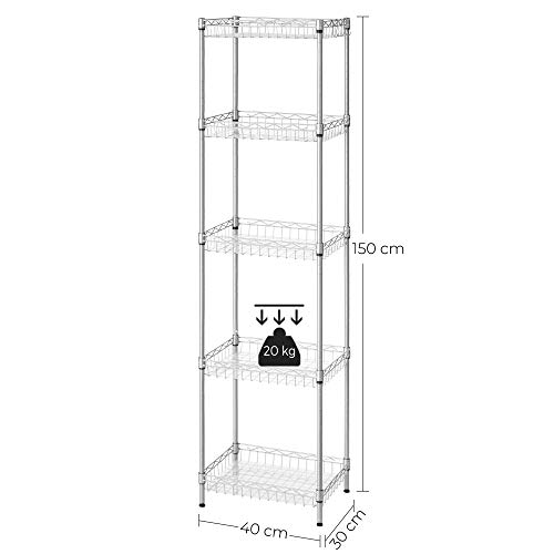 SONGMICS Metal Storage Shelf, Wire Basket Shelving Unit, Kitchen Storage Rack, 4 Hooks, PP Sheets, Adjustable Shelves, Total Load Capacity 100 kg, for Bathroom, Pantry, Small Spaces, Silver LGR105E01 - Image 5