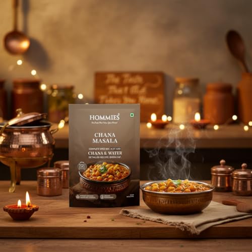 Image of Hommies Chana Masala Spice Mix | Ready to Cook in 15 Mins | Authentic Chhole Curry Masala | Just Add Chickpeas & Water | Serves 4 | Made with Cashew Nuts | No Preservatives | Pack of 4 (200g, 50g Each)