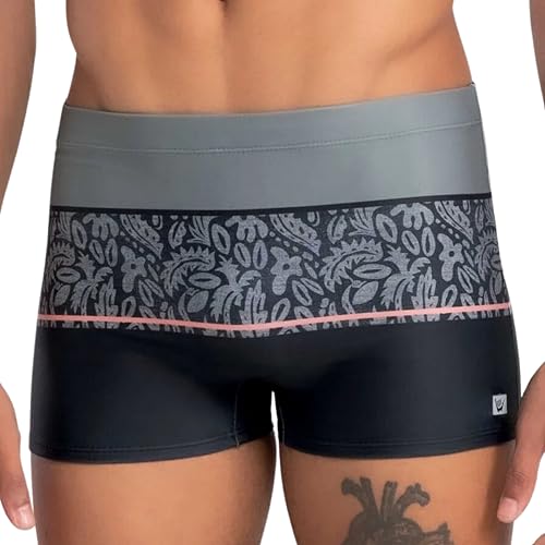 HANG LOOSE Sunga Boxer Masculina UV 50+ Estampado Cordão Ajustável Praia e Piscina, Preto, G