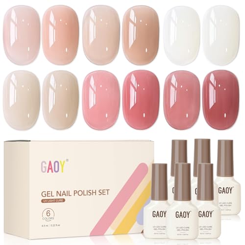 GAOY Jelly Tortoise Gel Nail Polish Set, 6 Transparent Colors Sheer Brown Dark Red Black, UV Light Cure Gel Polish for Nail Art DIY at Home 0.22 fl.oz