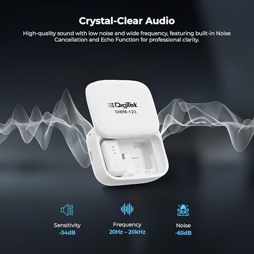 Image of Digitek (DWM 123 2-in-1 Wireless Microphone System with Charging Case & Magnetic Collar Clip, Type-C Receiver for iPhone 15 & Above, Android Phones, 60m Range, Build in Microphone, (White)
