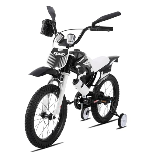 KEANO Motocross Style Kids Bike for Boys Girls Ages 4-7 Years, 16 Inch Bikes with Training Wheels and Number Plate, Toddler Bike Children Bicycles Black