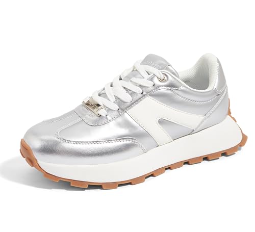 LUCKY STEP Women's Platform Fashion Sneakers Retro Classic Trainers Casual Lace-up Stylish Tennis Running Walking Shoes (Silver,9 B(M) US)