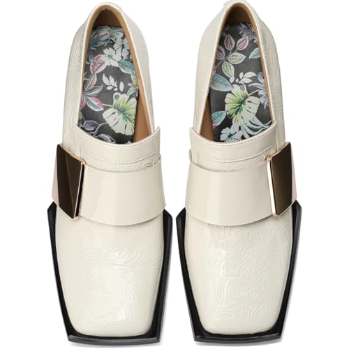 Image of Loafers for Women Patent Leather Buckle Square Toe Chunky Block Dress Slip On Wide Casual Comfortable Dressy High Heels Ladies Comfort Moccasins Elegantes 2 Inch Shoes