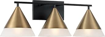 Capital Lighting 151931AB Avant Modern Art Deco Metal and Frosted Glass Cone Bath Vanity Wall Light, 3-Light 300 Total Watts, 9" H x 26" W, Aged Brass and Black