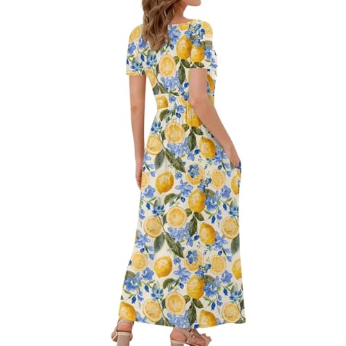 Image of Women's Fall Summer Short Sleeve Ankle Length V-Neck Party Dress with Pockets Size S-3XL