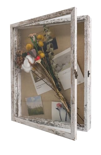 GraduatePro Shadow Box Frame 13X16 Display Case with Linen Back, Real Glass Window Door with Hinge, Picture Frame Wedding Bouquet Memorabilia Medals Photos Memory Box for Keepsakes Rustic White