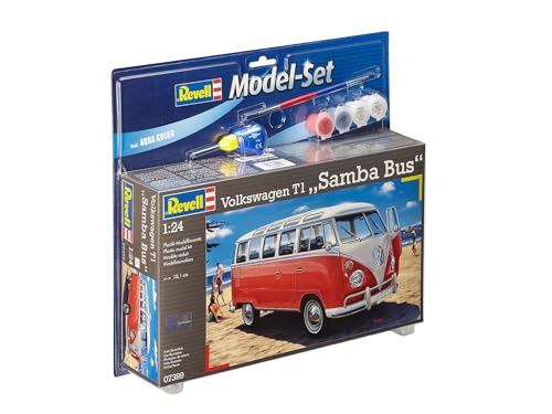 Revell Model Set 67399 Volkswagen T1 SAMBA BUS 1:24 Scale Unbuilt/Unpainted Plastic Model Kit with Contacta Professional Glue, Paintbrush & Selected Aqua Color Paints