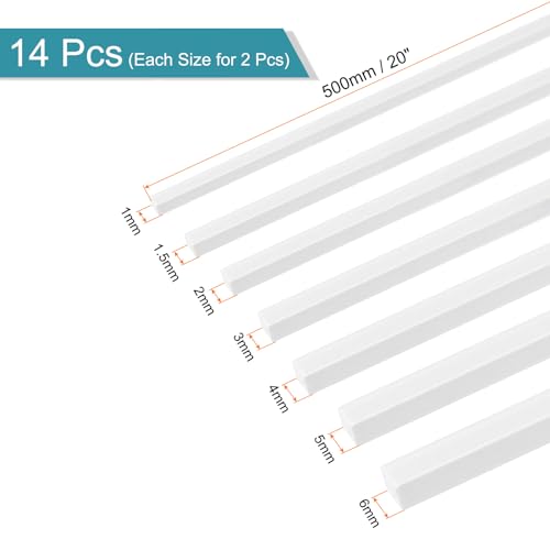 Image of MECCANIXITY 14pcs ABS Square Rod, Diameter 1mm to 6mm, Length 500mm, ABS Plastic Stick Solid Bar, White Plastic Rods Assortment Kit for DIY Architectural Model Building Making