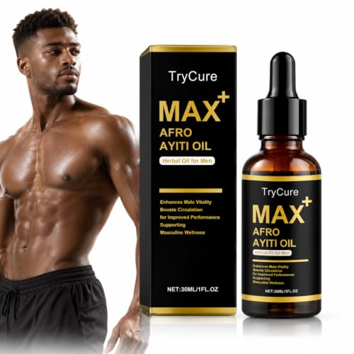 Five small blue vials of Trycure Max Out herbal oil — showing the sample-size format for trying a men's massage oil