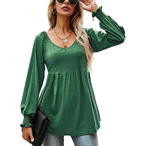 LOMON Womens Casual Fall Puff Long Sleeve Tunic Tops V Neck Flowy Babydoll Peplum Top Blouse T-Shirt 2025 Fashion S-3XL Green XX-Large
