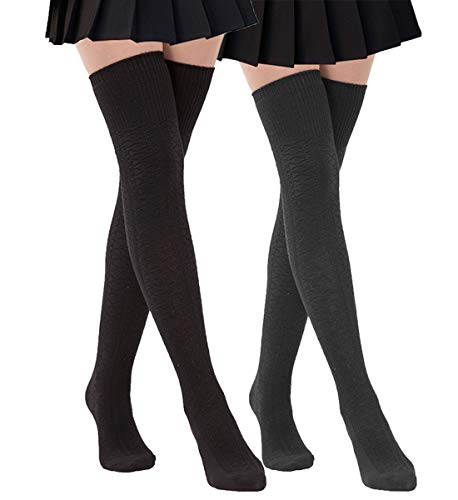 Women Thigh High Socks Extra Long Cotton Knit Warm Winter Over The Knee Long Boot Stockings (2 pairs (1 Black+1 DGrey))