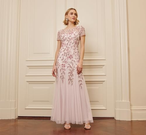 Image of Adrianna Papell Women's Beaded Gown with Godets - Floor Length Gown with Floral Embellishments & Cap Sleeves