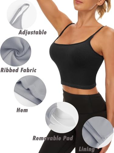 Image of Chilylori Seamless Sports Bra Cropped Tank Top with Adjustable Strap 2 Pack | Workout Tops Ribbed Sports Bra for Women Wireless Longline Crop Tank Padded Comfortable Brami