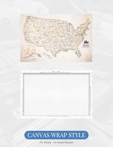 Image of IPIC - Vintage USA Canvas Wall Art, Travel Map Print for Home, Office, or Study, Push Pin Board Decor for Travel Lovers, Ready to Hang